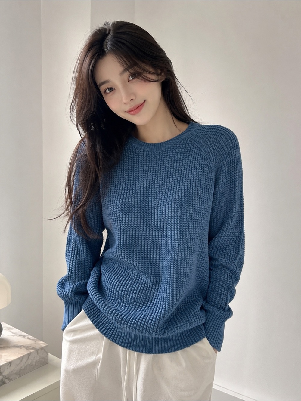 Waffle Knit Crewneck Sweater in Blue